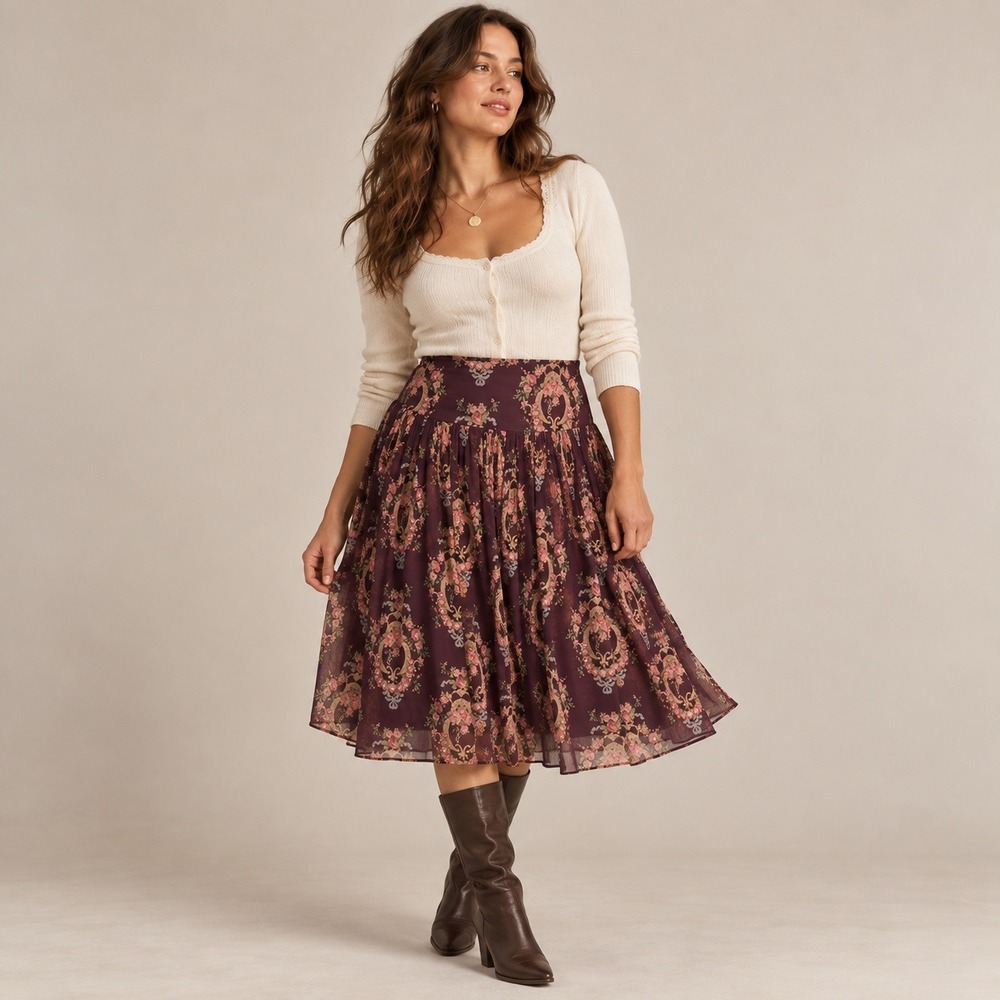INC Silk Beaded Skirt Womens 12 Purple Vtg Y2K Floral Pleated Midi Dark Coquette